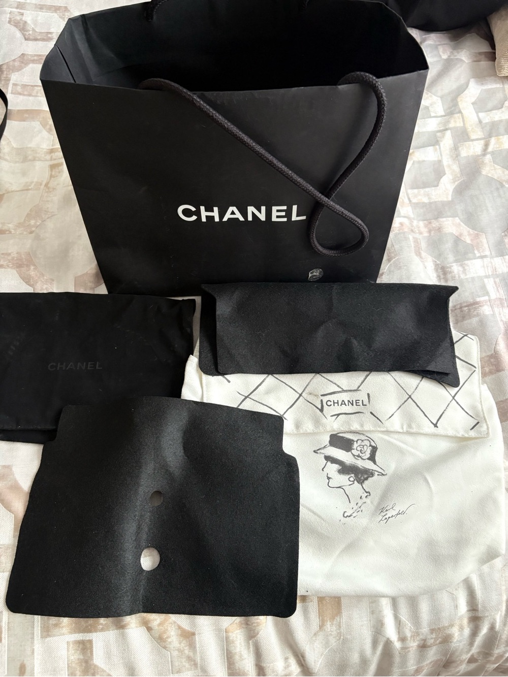 CHANEL Black and White Branded Dust Bags and Shopping Bag Set